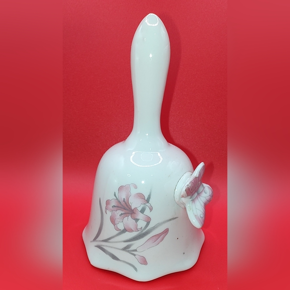 Vintage Floral Ceramic Bell with 3 Demensional Butterfly Soft Pink Accents